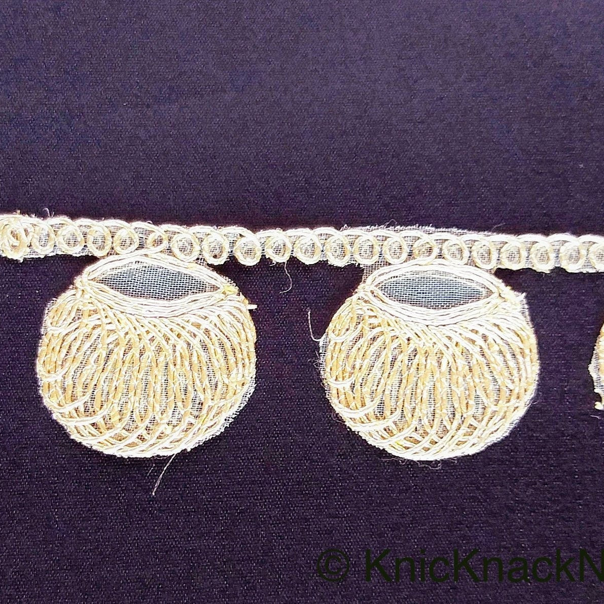 Gold Shimmer Thread Embroidered Circle Design Thread Trim, Fringe Trim, Approx. 34mm wide