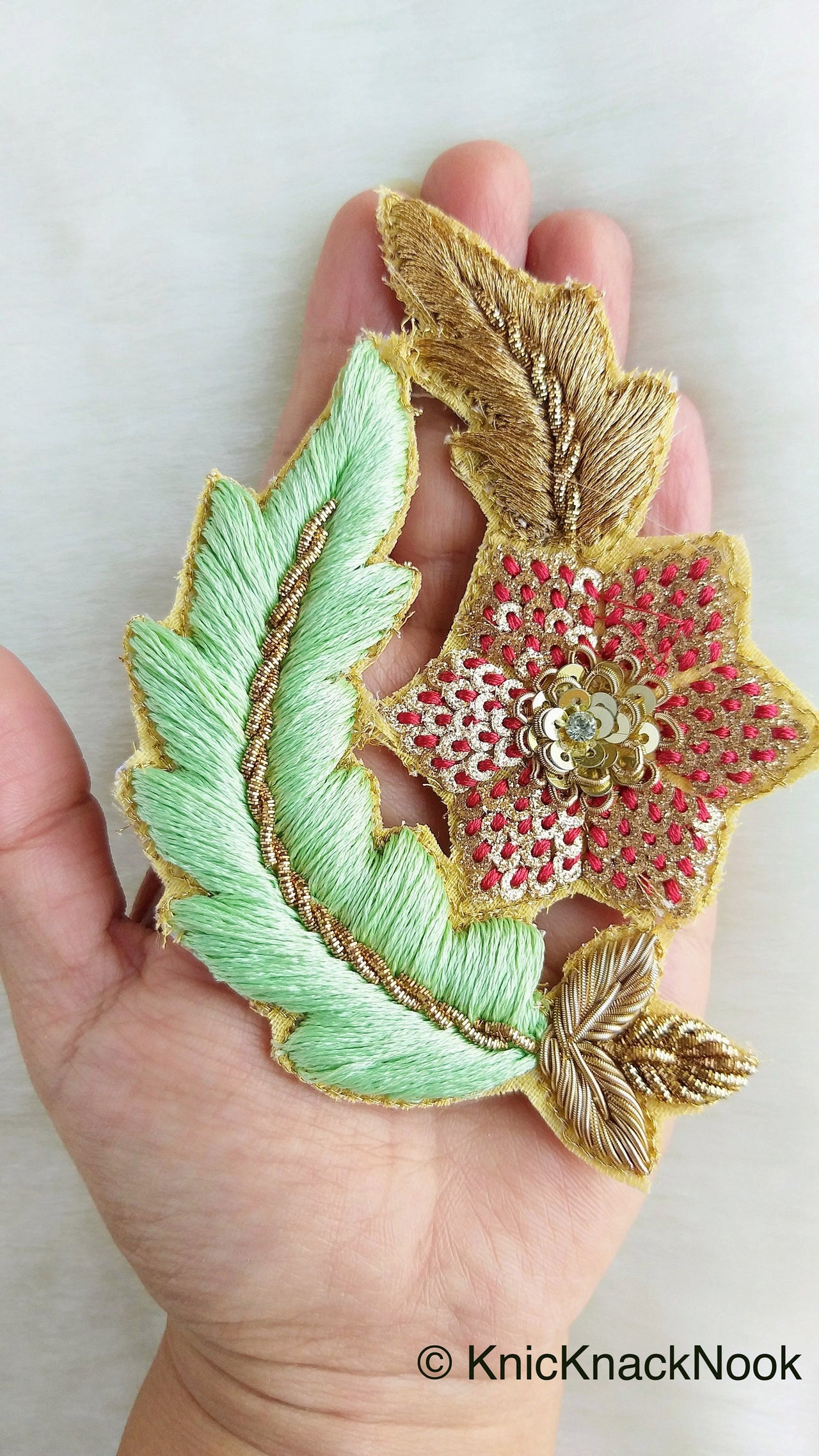 Floral Appliques With Sequins, Zardozi Appliqué Patch In Red And Gold Flowers & Red / Yellow / Coral / Mint Green Leaf Embroidery