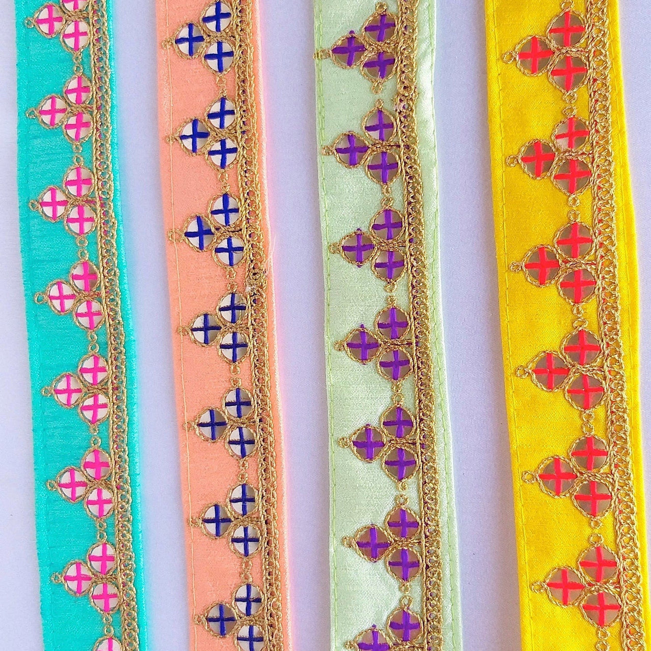 Mirrored Yellow/ Mint Green/ Cyan Blue/ Melon Orange Fabric Trim With Gold Embroidery, Indian Sari border - 210119L291/92/93/94