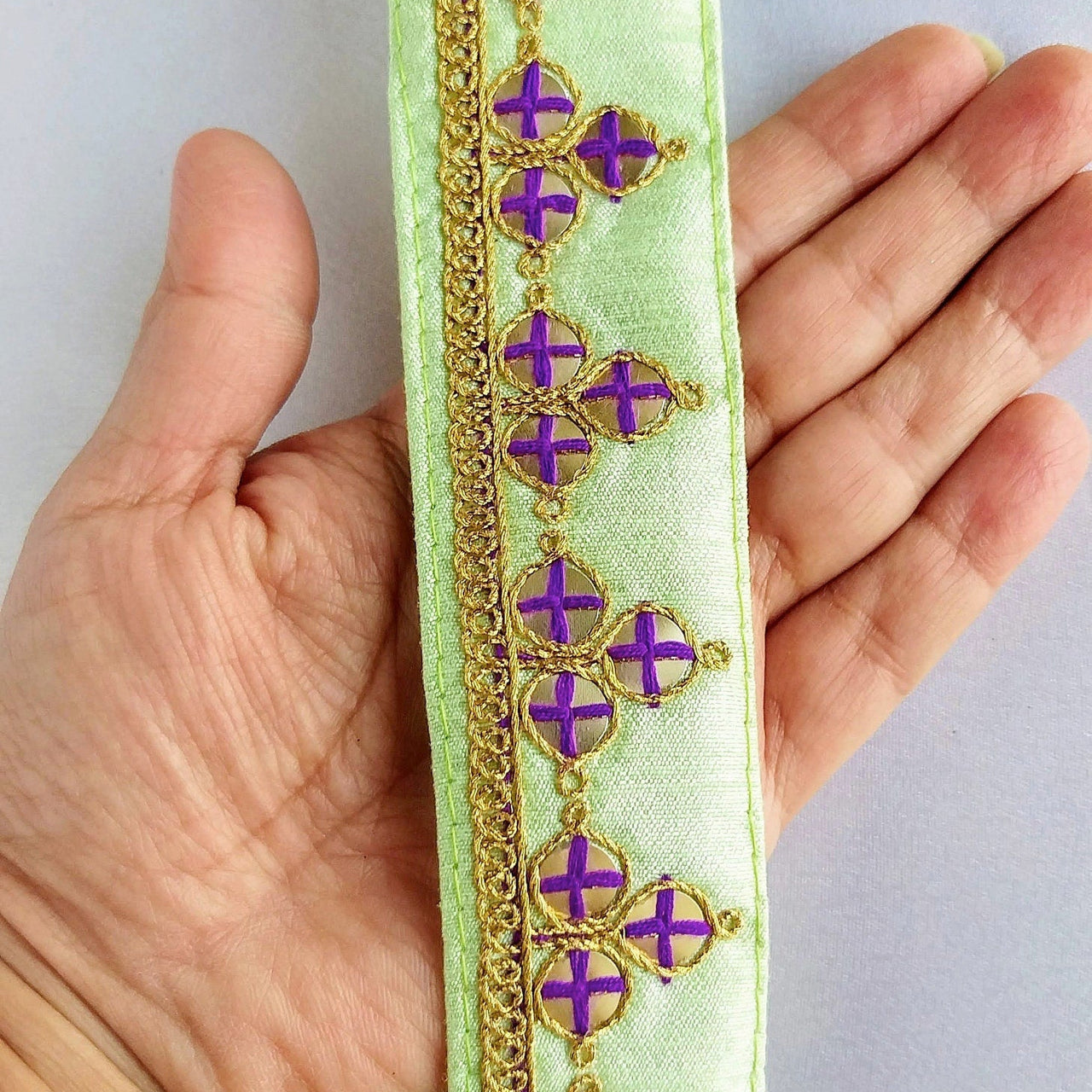 Mirrored Yellow/ Mint Green/ Cyan Blue/ Melon Orange Fabric Trim With Gold Embroidery, Indian Sari border - 210119L291/92/93/94