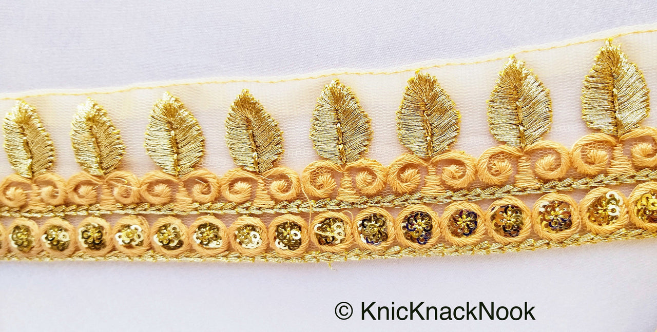 Tan Brown Nude Net Lace Trim With Beautiful Brown And Gold Embroidery and Gold Sequins, Decorative Trim Costume Fashion Trim, Trim By Yard