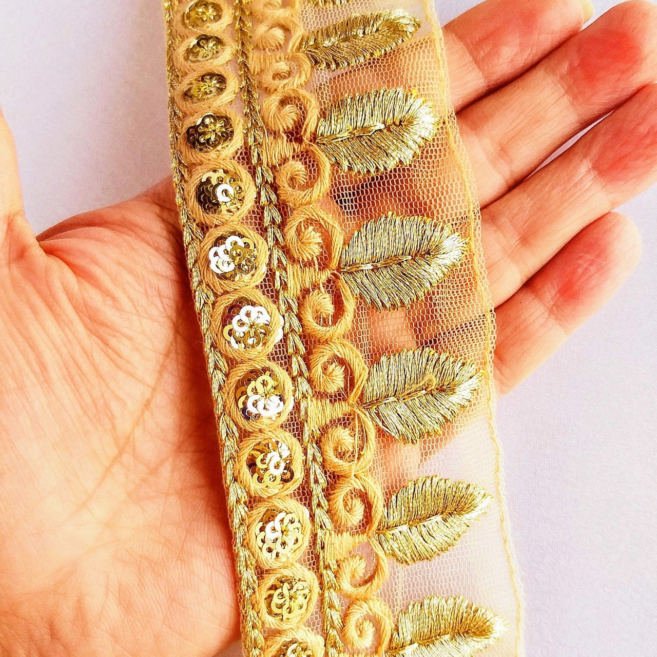 Tan Brown Nude Net Lace Trim With Beautiful Brown And Gold Embroidery and Gold Sequins, Decorative Trim Costume Fashion Trim, Trim By Yard