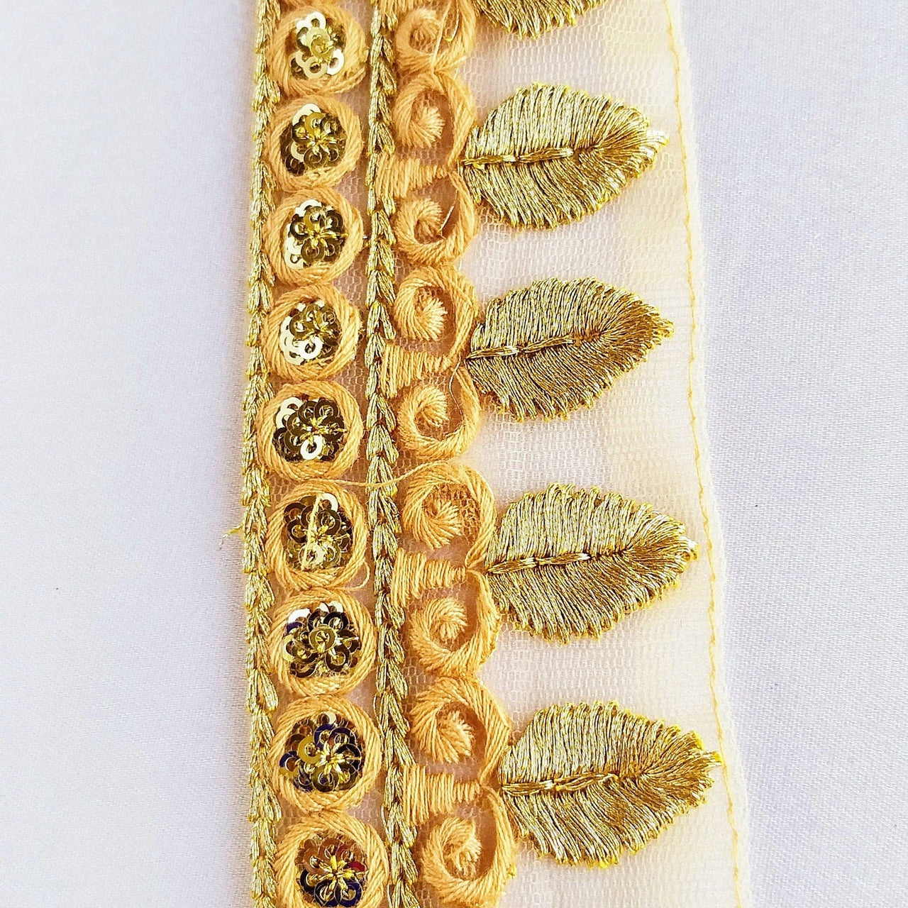 Tan Brown Nude Net Lace Trim With Beautiful Brown And Gold Embroidery and Gold Sequins, Decorative Trim Costume Fashion Trim, Trim By Yard