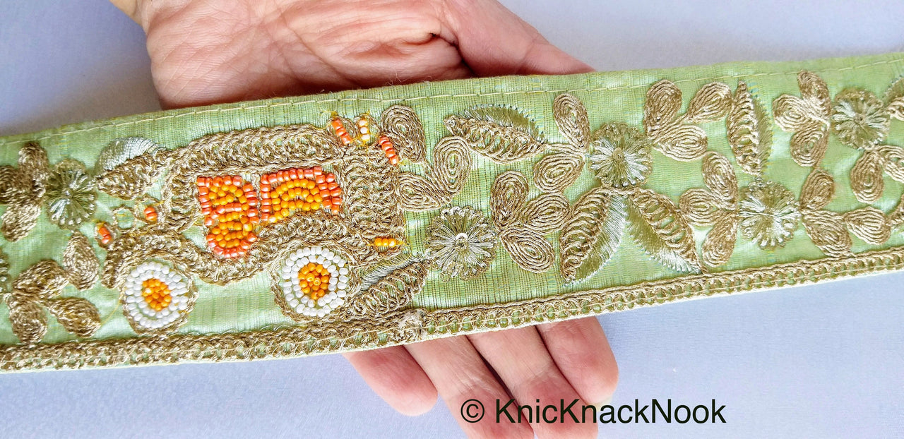 Beige / Sage Green / Black/ Blue Silk Trim With Intricate Gold Embroidered Flowers and Car with Orange And White Beads, Approx. 64mm wide