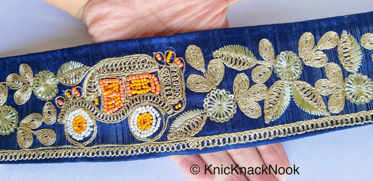 Beige / Sage Green / Black/ Blue Silk Trim With Intricate Gold Embroidered Flowers and Car with Orange And White Beads, Approx. 64mm wide