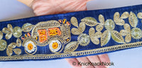 Thumbnail for Beige / Sage Green / Black/ Blue Silk Trim With Intricate Gold Embroidered Flowers and Car with Orange And White Beads, Approx. 64mm wide