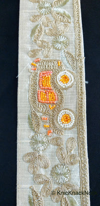 Thumbnail for Beige / Sage Green / Black/ Blue Silk Trim With Intricate Gold Embroidered Flowers and Car with Orange And White Beads, Approx. 64mm wide