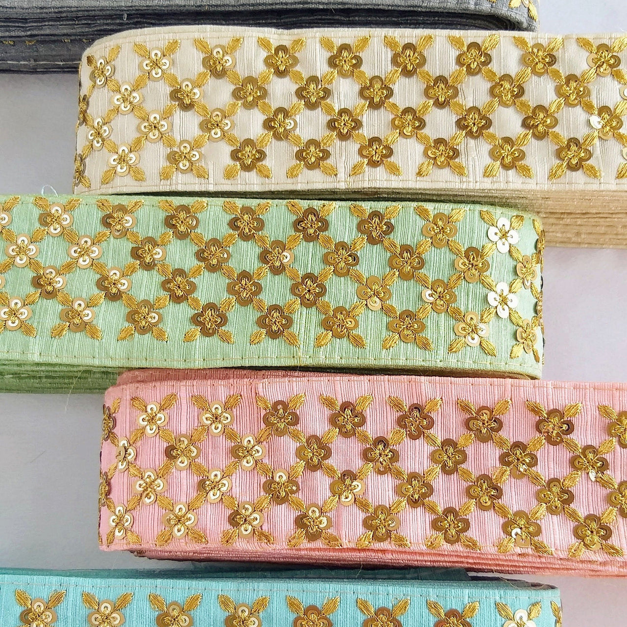 Beige Art Silk Fabric Trim With Gold Embroidery and Gold Sequins, Approx. 55mm Wide - 210119L166