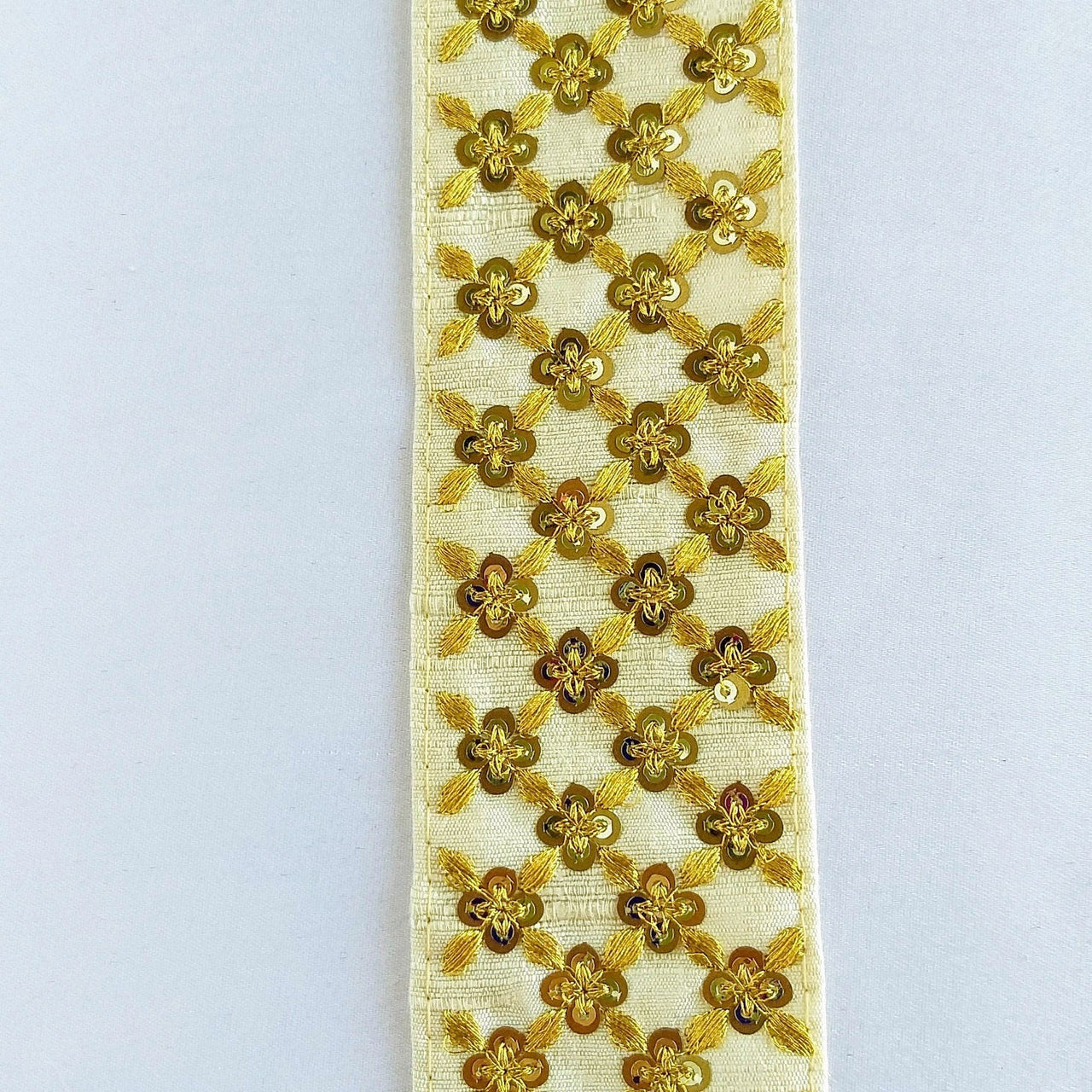 Beige Art Silk Fabric Trim With Gold Embroidery and Gold Sequins, Approx. 55mm Wide - 210119L166
