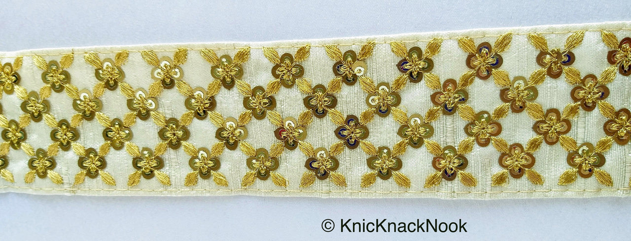 Beige Art Silk Fabric Trim With Gold Embroidery and Gold Sequins, Approx. 55mm Wide - 210119L166