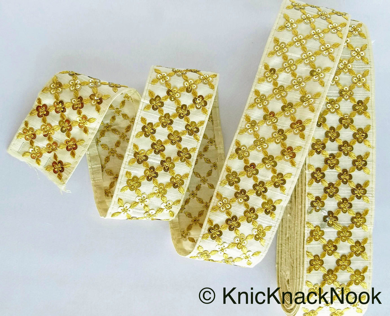Beige Art Silk Fabric Trim With Gold Embroidery and Gold Sequins, Approx. 55mm Wide - 210119L166
