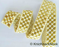 Thumbnail for Beige Art Silk Fabric Trim With Gold Embroidery and Gold Sequins, Approx. 55mm Wide - 210119L166
