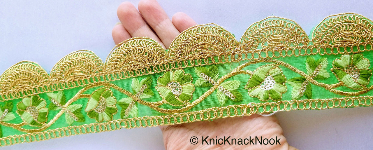 Green / Yellow / Orange And Gold Embroidered Fabric Trim With Floral Embroidery, Scallop Trim, Approx. 65mm Wide - 210119L174 / 75 / 76