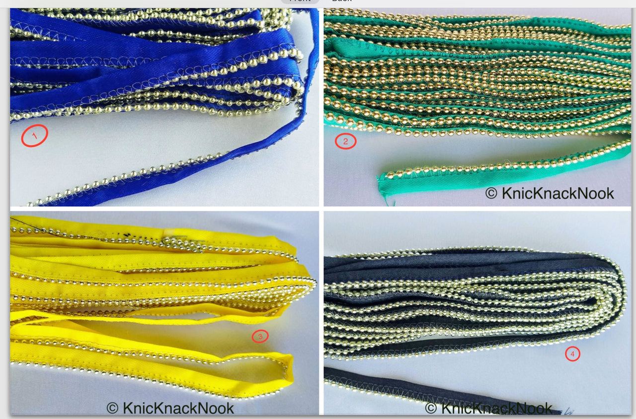 Satin Lace Trim Ribbon With Silver Gold Bead Piping, 13 Variations, Approx. 11 mm wide