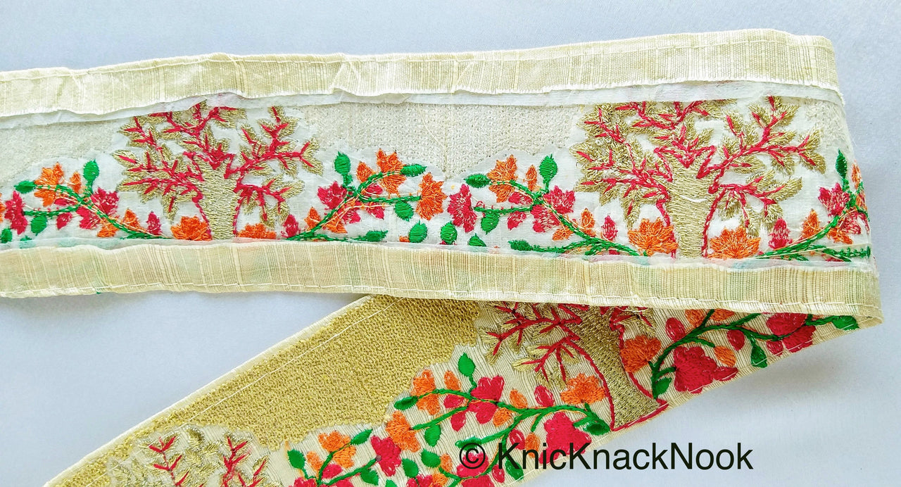 Beige Fabric Trim With Intricate Floral And Trees Embroidery In Gold, Red, Green And Orange Thread