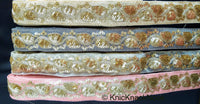 Thumbnail for Light Beige Art Silk Fabric Trim With Gold Embroidery and Gold Sequins, Approx. 41mm Wide - 210119L171