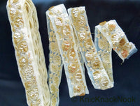Thumbnail for Light Beige Art Silk Fabric Trim With Gold Embroidery and Gold Sequins, Approx. 41mm Wide - 210119L171