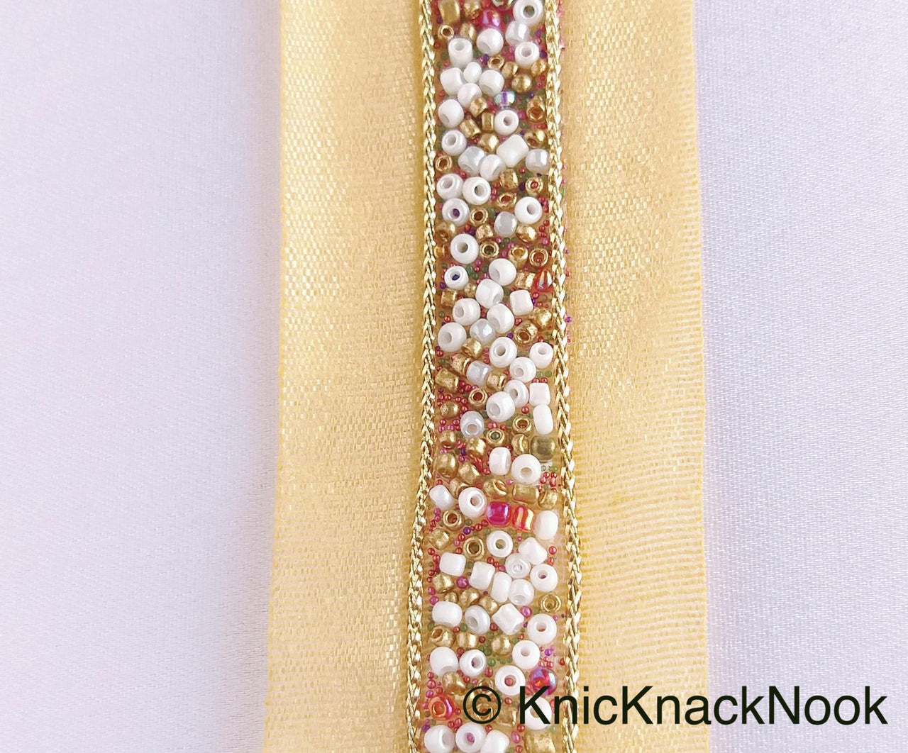 Beige Fabric Trim With Copper, Gold And White Beads Embellishments, Beaded Trim