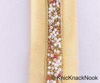 Thumbnail for Beige Fabric Trim With Copper, Gold And White Beads Embellishments, Beaded Trim