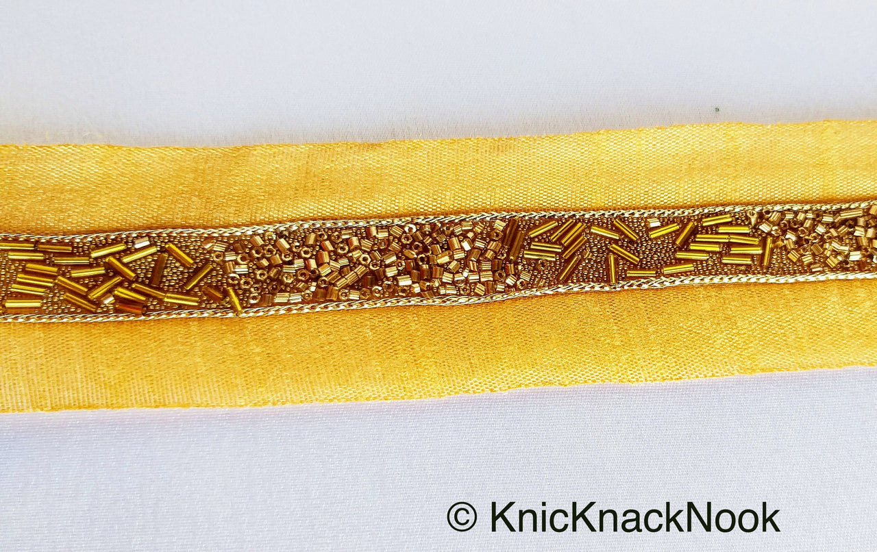 Beige Fabric Trim With Gold Bugle Beads Embellishments, Beaded Trim, Approx. 38mm