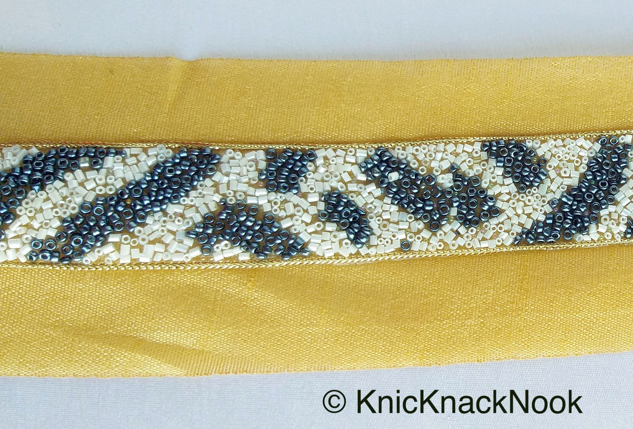 Beige Fabric Trim With Black And Grey Seed Beads Embellishments, Zebra Trim, Beaded Trim