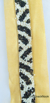 Thumbnail for Beige Fabric Trim With Black And White Seed Beads Embellishments, Zebra Trim, Beaded Trim