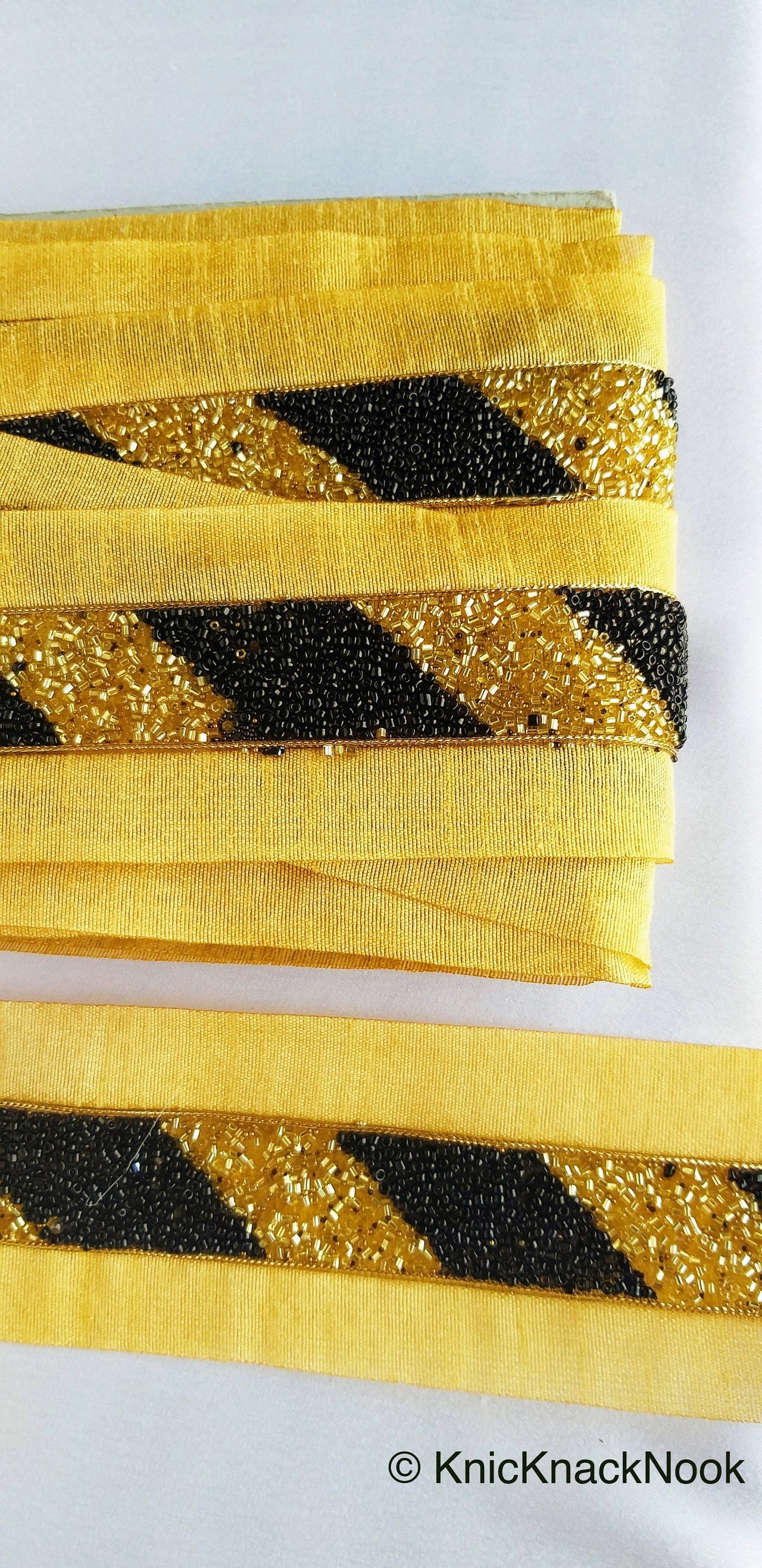 Gold Fabric Trim With Black Seed Beads And Gold Bugle Beads Embellishments, Stripe Beaded Trim, Approx. 65mm