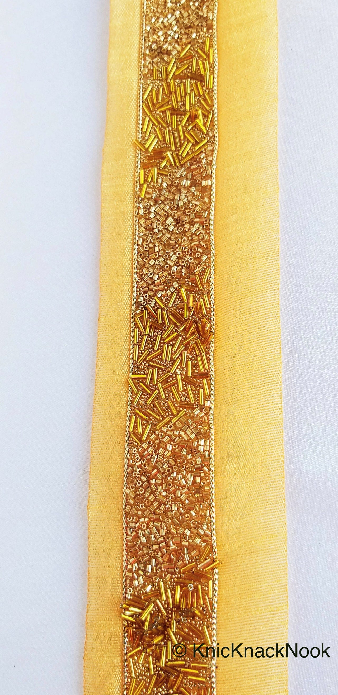 Beige Fabric Trim With Gold Seed Beads, Bugle Beads And Pipe Beads Embellishments, Beaded Trim