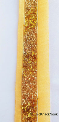 Thumbnail for Beige Fabric Trim With Gold Seed Beads, Bugle Beads And Pipe Beads Embellishments, Beaded Trim