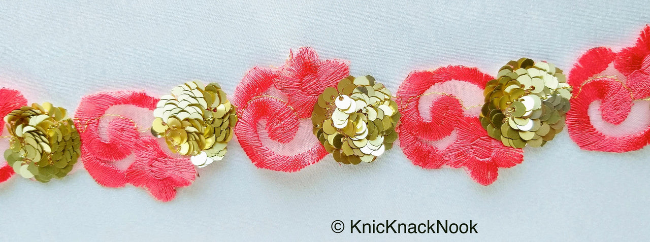 Pink Lace Trim, Deep Blush Colour Tissue Fabric Cutwork With Floral Embroidery & Gold Sequins,