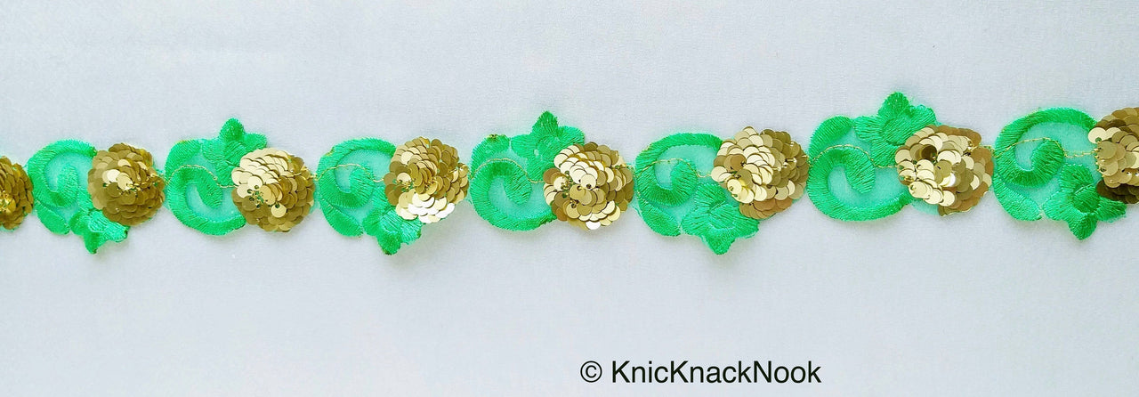 Green Lace Trim, Tissue Fabric Cutwork With Floral Embroidery & Gold Sequins,