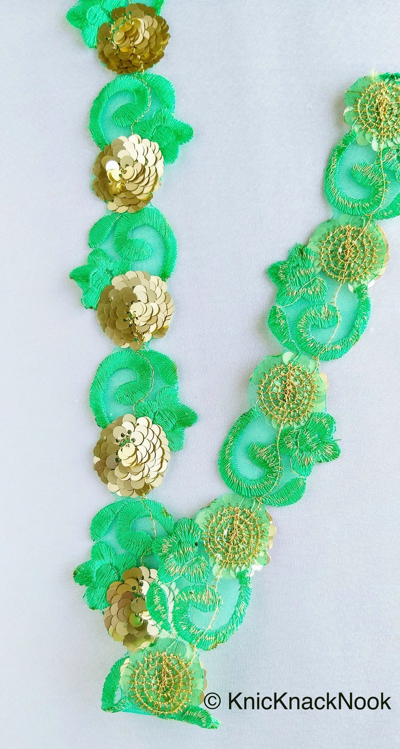 Wholesale Green Trim, Tissue Fabric Cutwork Floral Embroidery & Gold Sequins Approx. 40mm Wide, Trim By 9 Yards Indian Sequins Border