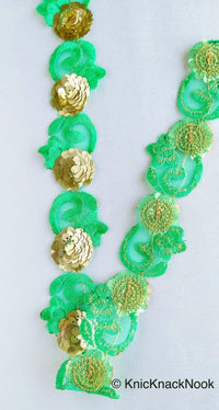 Thumbnail for Wholesale Green Trim, Tissue Fabric Cutwork Floral Embroidery & Gold Sequins Approx. 40mm Wide, Trim By 9 Yards Indian Sequins Border