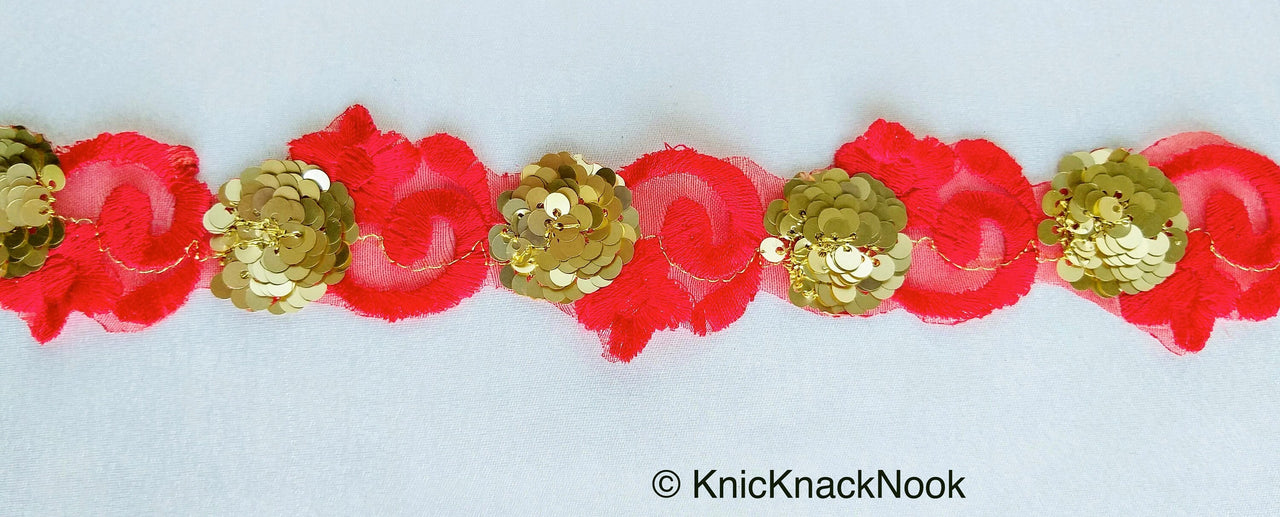Red Lace Trim, Tissue Fabric Cutwork With Floral Embroidery & Gold Sequins,