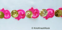 Thumbnail for Fuchsia Pink Lace Trim, Tissue Fabric Cutwork With Floral Embroidery & Gold Sequins,