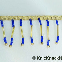 Thumbnail for Gold Fringe Trim With Gold and Blue Beads Dangles, Beaded Tassels, Approx. 35mm wide