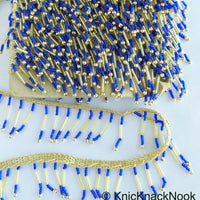 Thumbnail for Gold Fringe Trim With Gold and Blue Beads Dangles, Beaded Tassels, Approx. 35mm wide