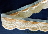Thumbnail for Beige Sheer Fabric Trim Embroidered With Beige Silk Thread And Glitter Gold Sequins, Approx. 40mm Wide - 210119L22