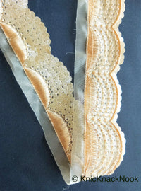 Thumbnail for Wholesale Beige Sheer Fabric Trim Embroidered With Beige Silk Thread & Glitter Gold Sequins Approx. 40mm Wide Trim By 9 Yards, Sari Border