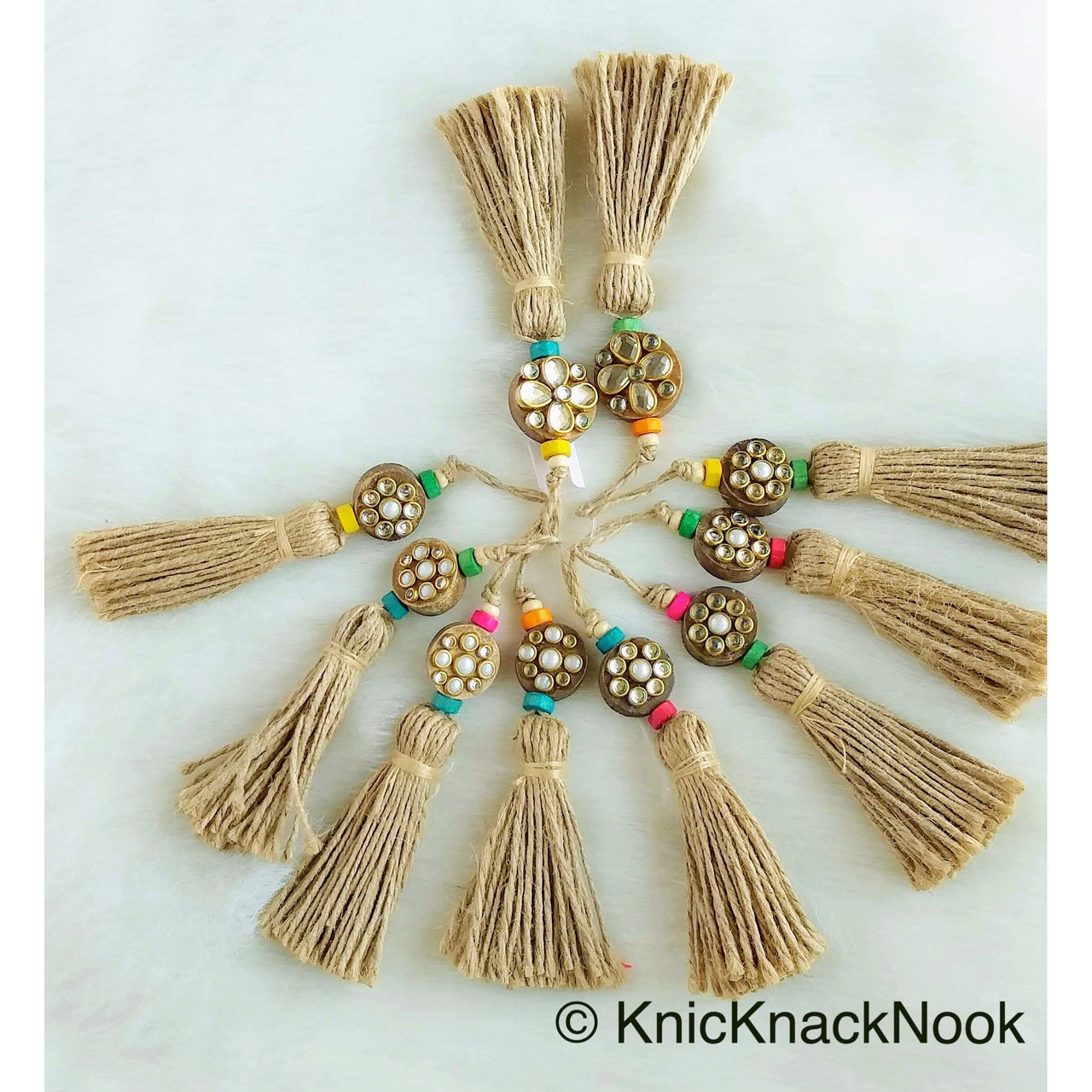 Twine Brown Tassels With Kundan Stone, Embellished Wooden Button, Tassel Charms