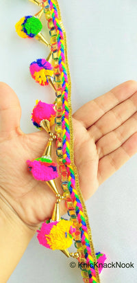 Thumbnail for Wholesale Multicoloured Pom Pom Trim With Gold Conical Cap and White Cluster Beads, Approx. 50mm Wide - 210119L362