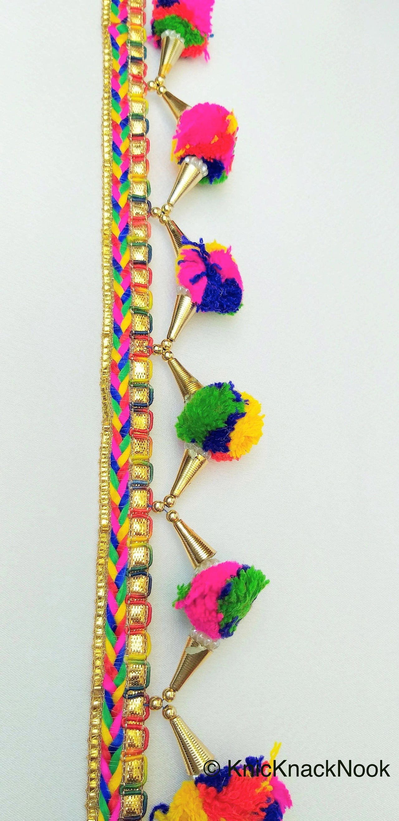Wholesale Multicoloured Pom Pom Trim With Gold Conical Cap and White Cluster Beads, Approx. 50mm Wide - 210119L362