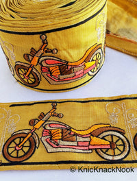 Thumbnail for Wholesale Beige Fabric trim with Embroidered Motor Bikes - Brown, Orange, Light Gold & Pink Approx 80 mm Indian Decorative Trim Craft Ribbon