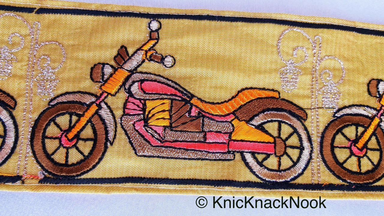 Beige Fabric trim with Embroidered Motor Bikes - Brown, Orange, Light Gold & Pink