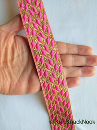 Thumbnail for Pink And Gold Embroidered Trim, Geometric Pattern, Approx. 32mm wide - 200317L45