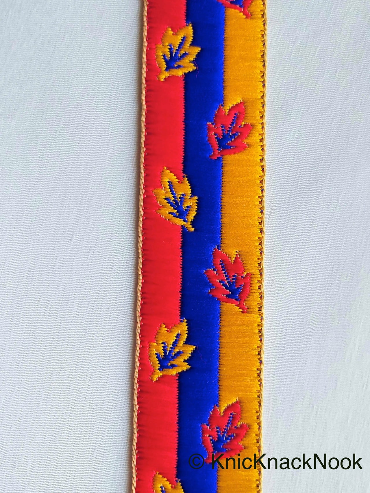 Red, Blue And Yellow Embroidered Trim, Leaf Embroidery Trim
