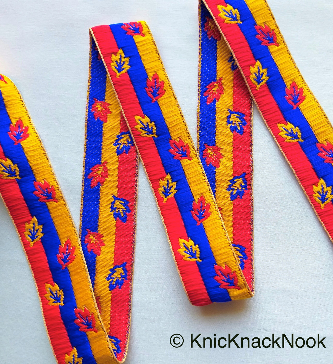 Red, Blue And Yellow Embroidered Trim, Leaf Embroidery Trim