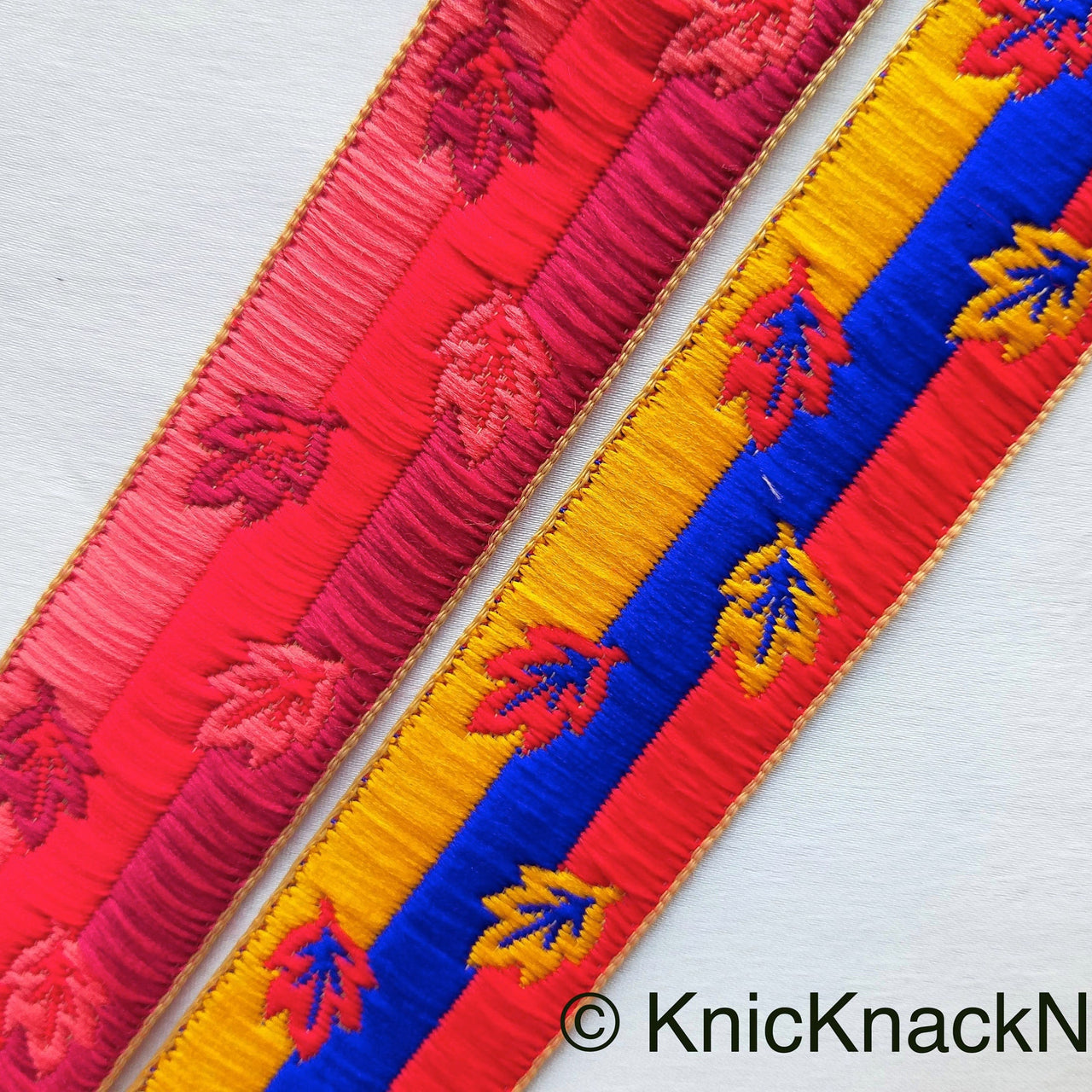 Red, Blue And Yellow Embroidered Trim, Leaf Embroidery Trim