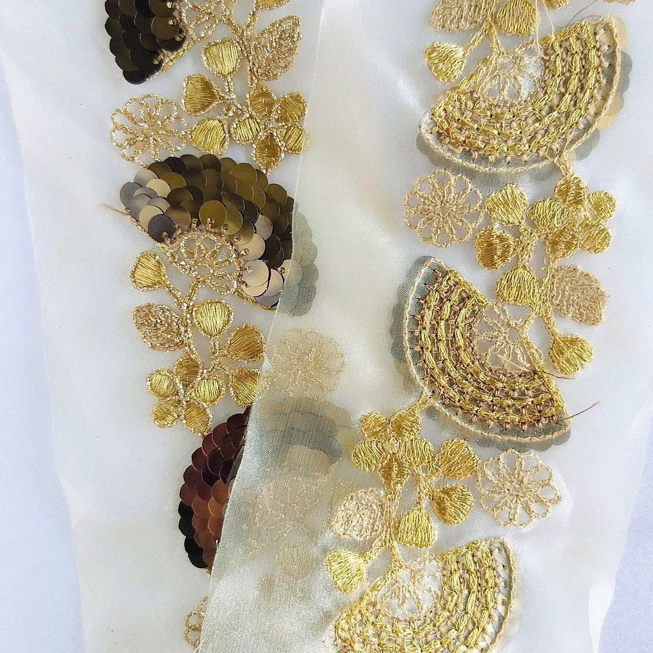 Gold Sheer Fabric Trim With Antique Gold Floral Embroidery And Metallic Sequins Embellishments, Approx. 95mm Wide - 210119L123