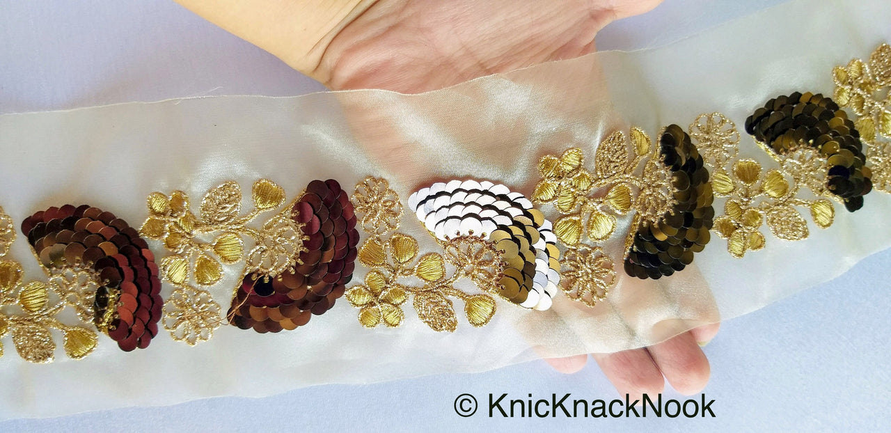 Gold Sheer Fabric Trim With Antique Gold Floral Embroidery And Metallic Sequins Embellishments, Approx. 95mm Wide - 210119L123